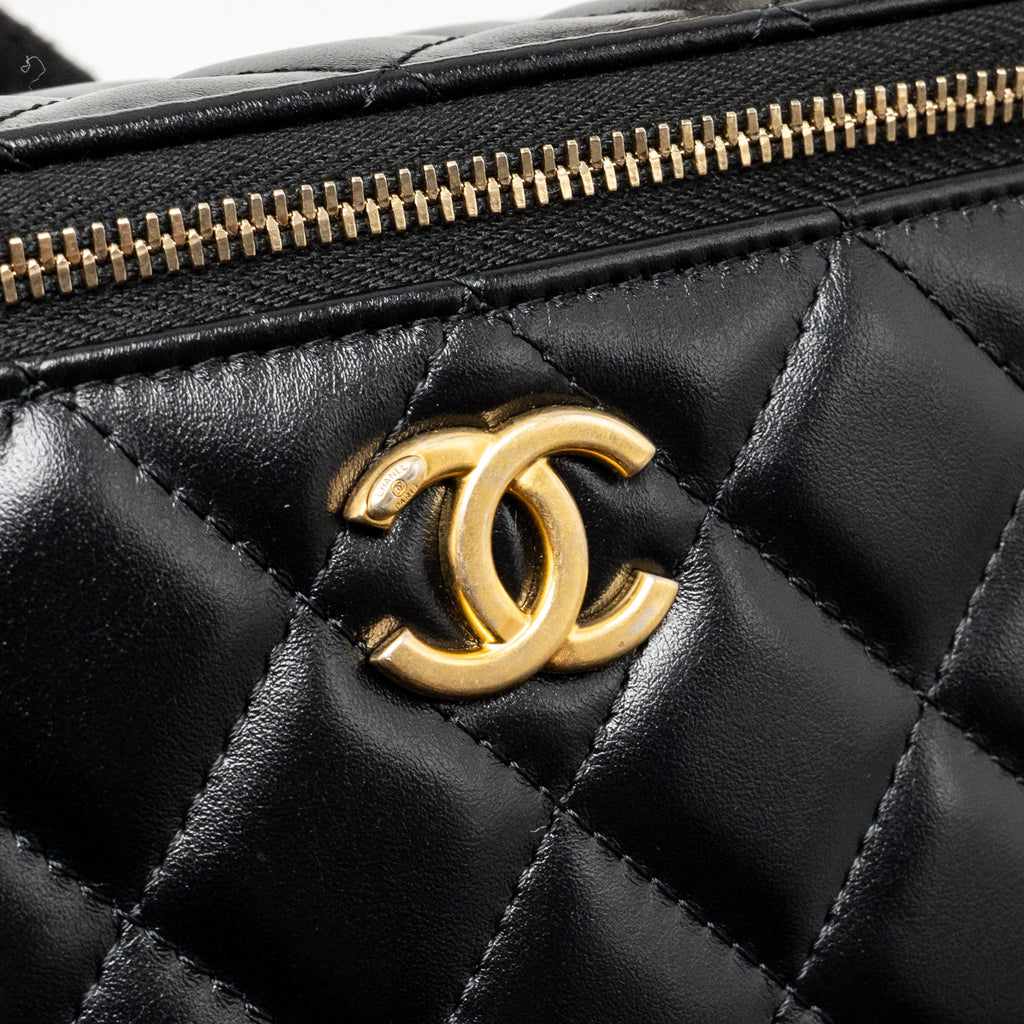 Chanel Letter Logo Detailed Top Handle Long Vanity Shiny Calfskin Black GHW (Microchip)