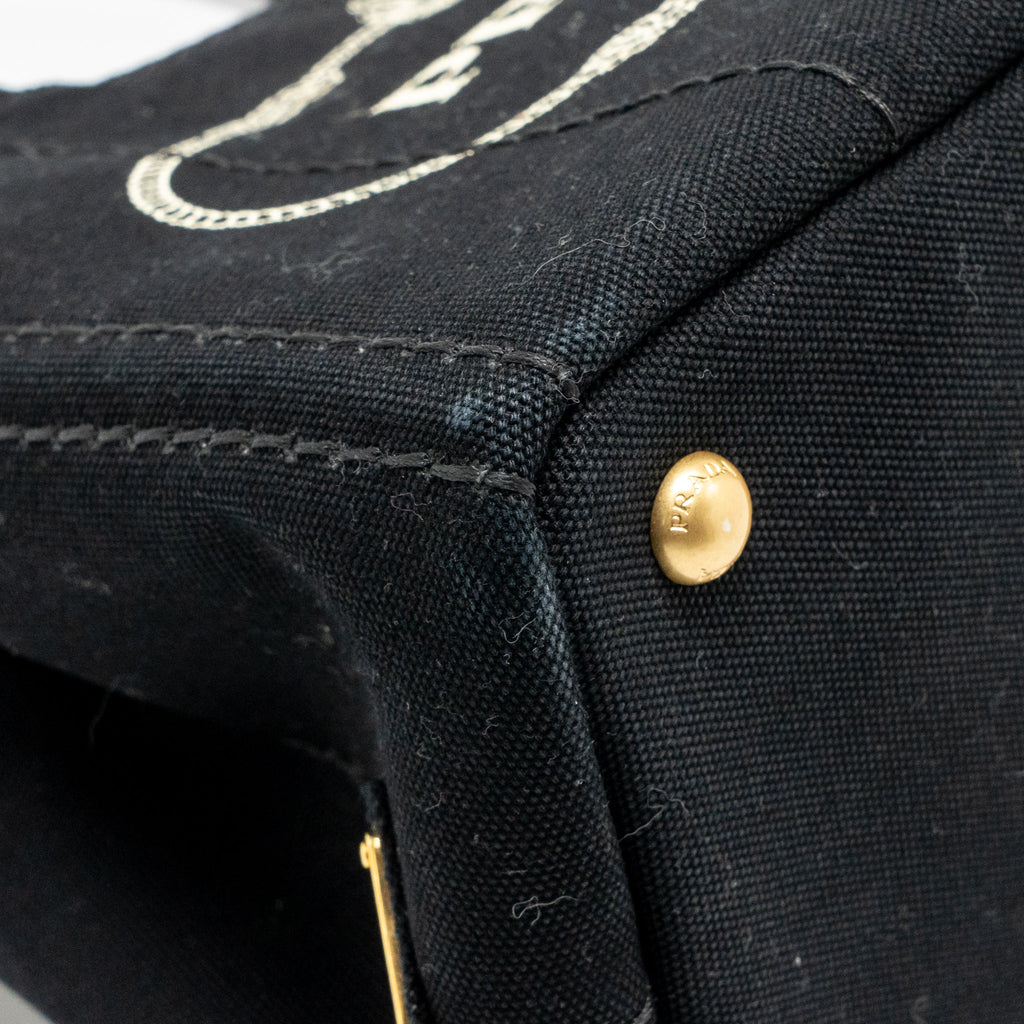 Prada Small Canapa Tote Bag Canvas Black/White GHW