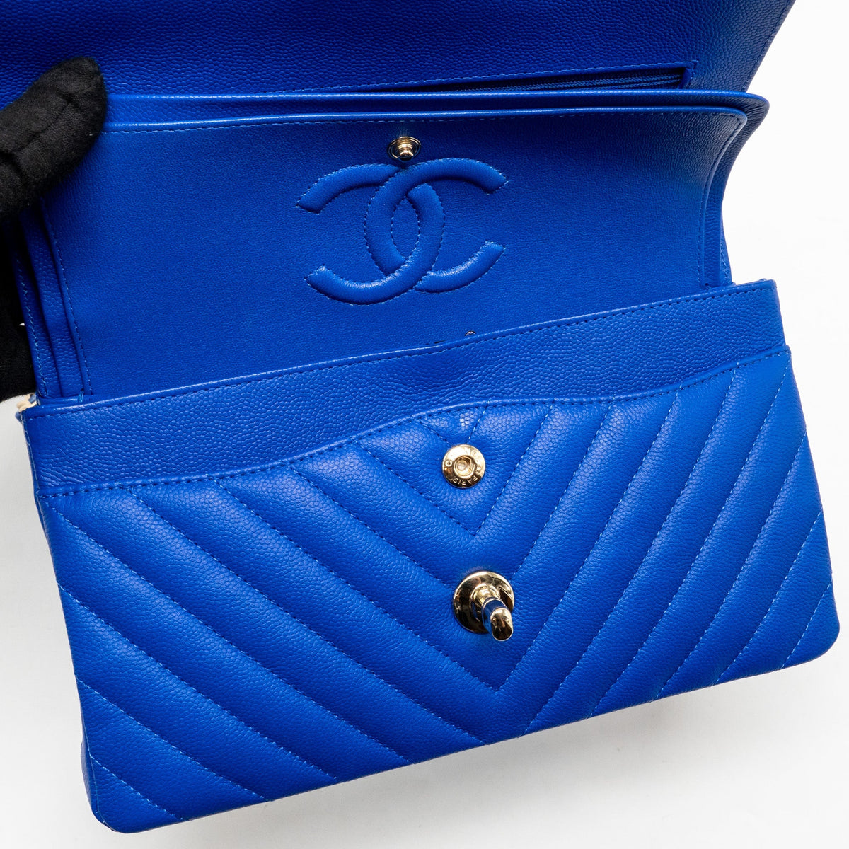Chanel small classic double flap bag chevron caviar blue GHW