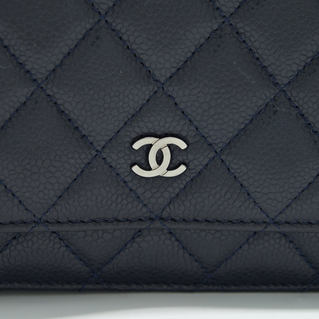 CHANEL CLASSIC WALLET ON CHAIN CAVIAR NAVY RUTHENIUM HARDWARE