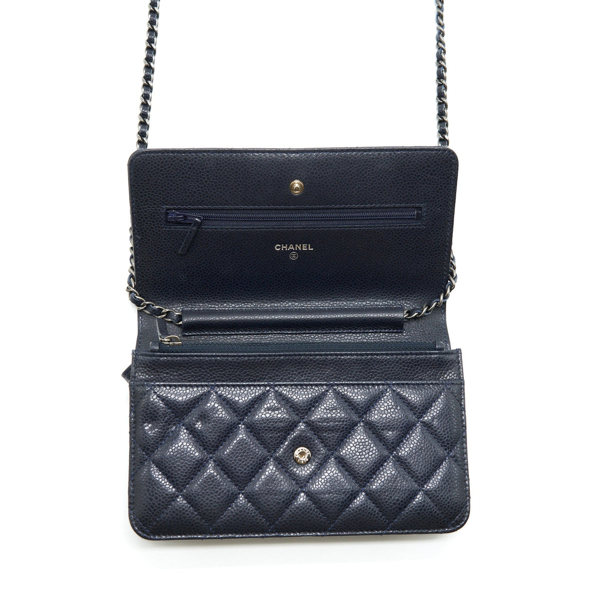 CHANEL CLASSIC WALLET ON CHAIN CAVIAR NAVY RUTHENIUM HARDWARE