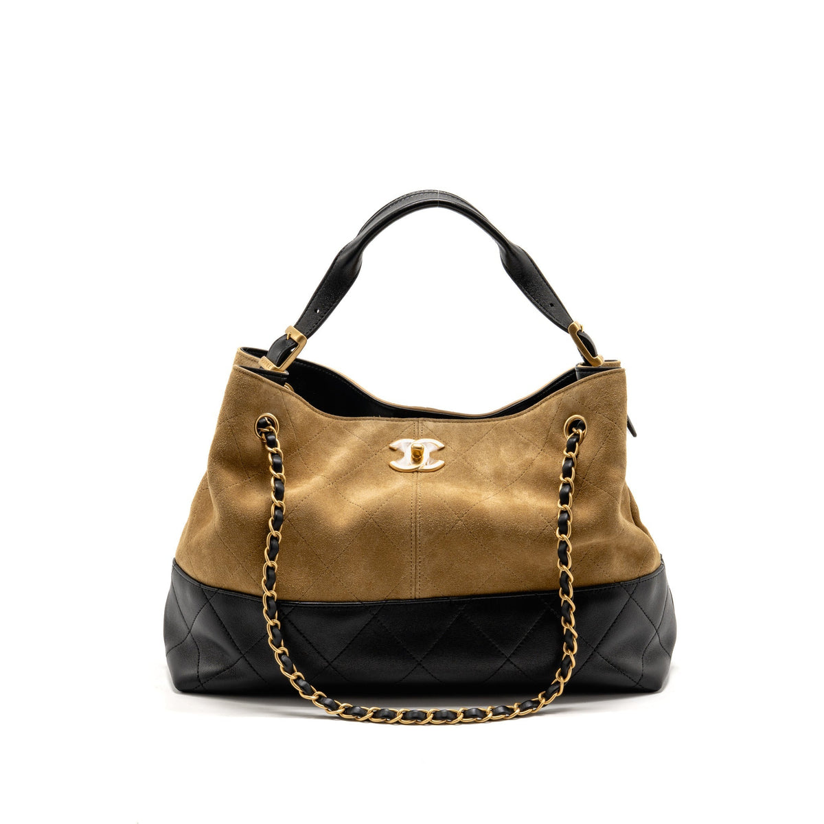 CHANEL SMALL SHOPPING BAG SUEDE/SHINY LAMBSKIN BEIGE/BLACK GHW (MICROCHIP)