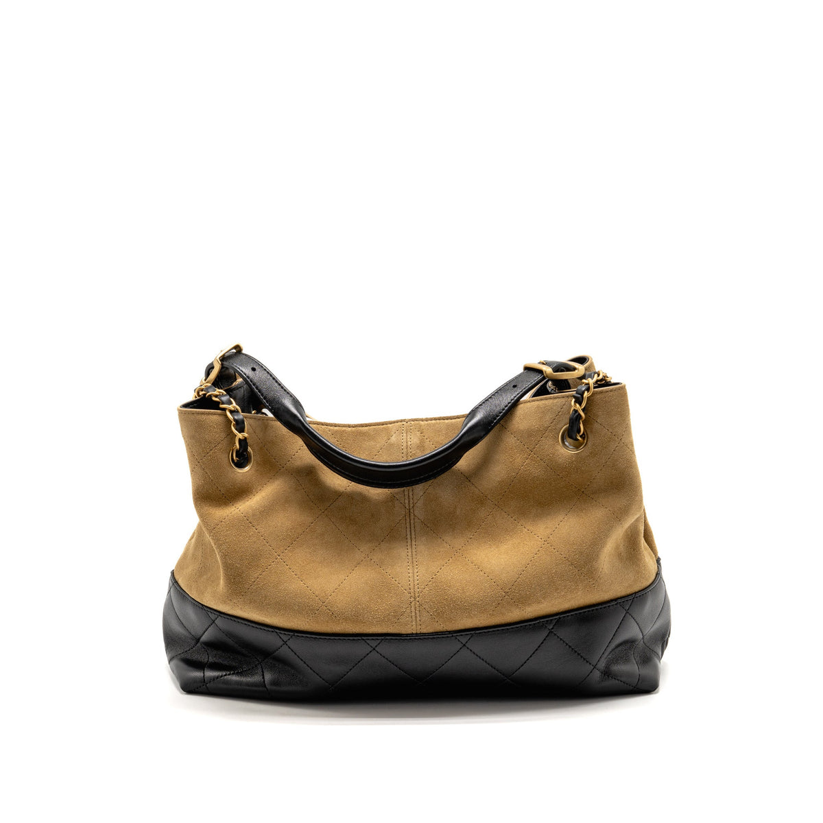 CHANEL SMALL SHOPPING BAG SUEDE/SHINY LAMBSKIN BEIGE/BLACK GHW (MICROCHIP)
