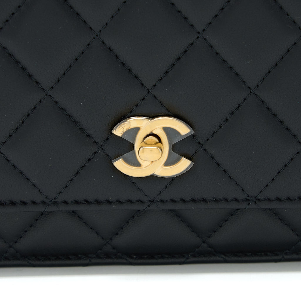 CHANEL PEARL CRUSH WALLET ON CHAIN LAMBSKIN BLACK BRUSHED GHW (MICROCHIP)