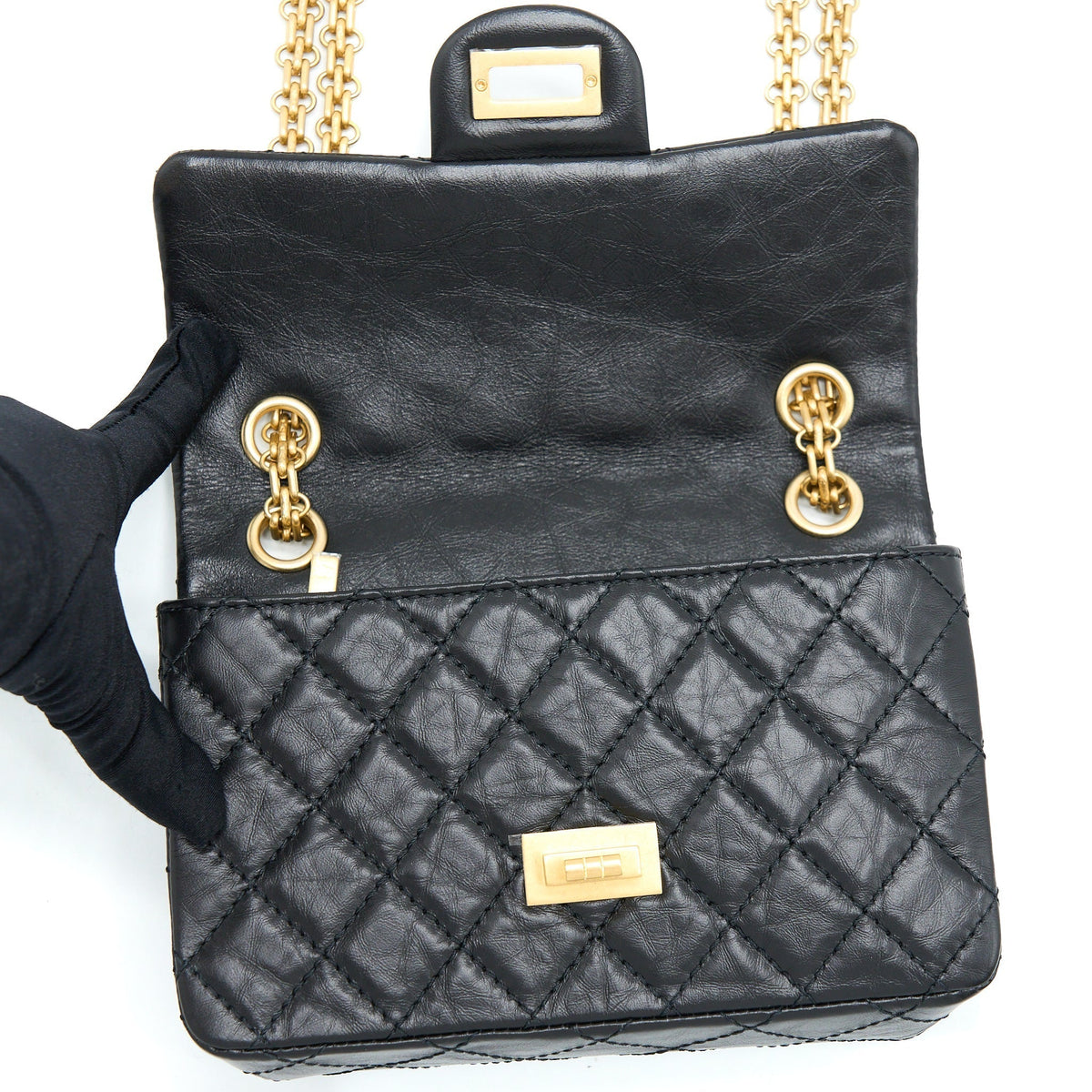 CHANEL MINI 2.55 REISSUE FLAP BAG AGED CALFSKIN BLACK BRUSHED GHW (MICROCHIP)