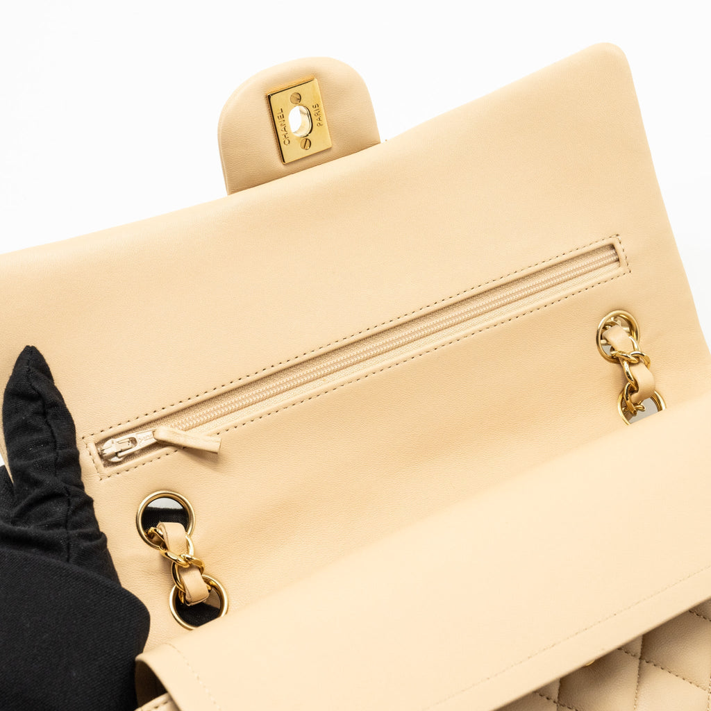 CHANEL MEDIUM CLASSIC DOUBLE FLAT BAG LAMBSKIN BEIGE GHW