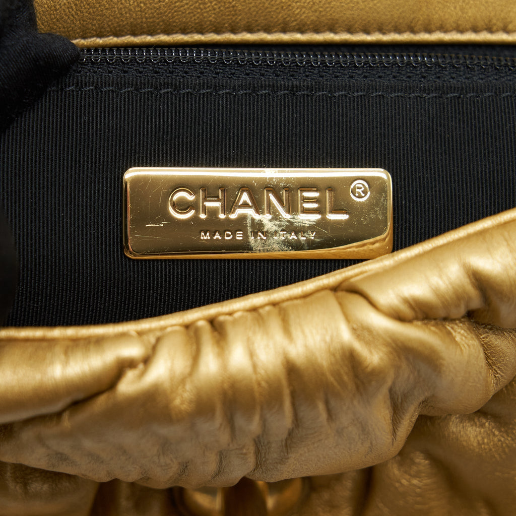 CHANEL SMALL 19 BAG LIMITED EDITION LAMBSKIN GOLD WITH GOLD/SILVER HARDWARE(MICROCHIP)