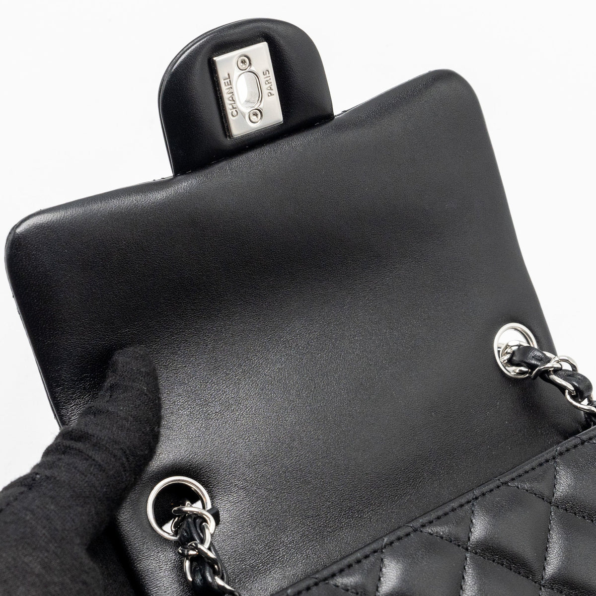CHANEL MINI SQUARE FLAP BAG LAMBSKIN BLACK SHW (MICROCHIP)
