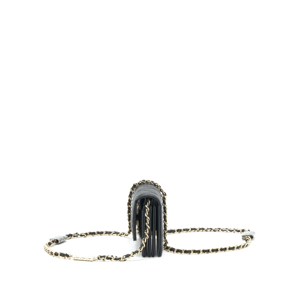 CHANEL 21K CAVIAR MINI FLAP CARDHOLDER WITH CHAIN BLACK LGHW