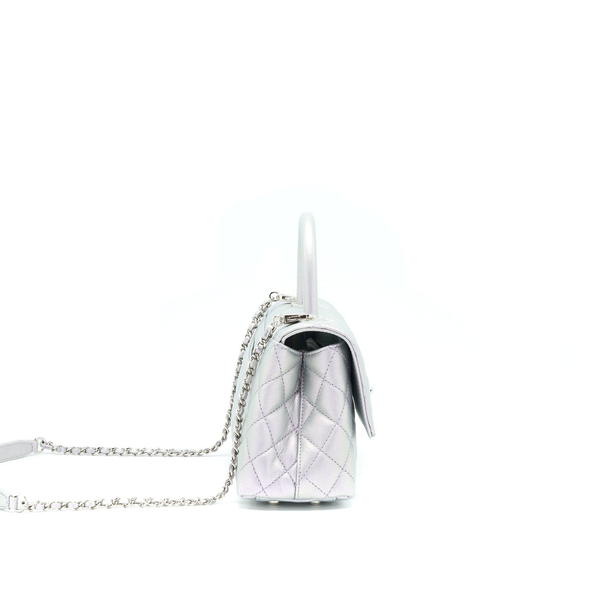 CHANEL 21K SMALL COCO HANDLE 24CM CAVIAR IRIDESCENT LILAC RAINBOW HARDWARE (MICROCHIP)