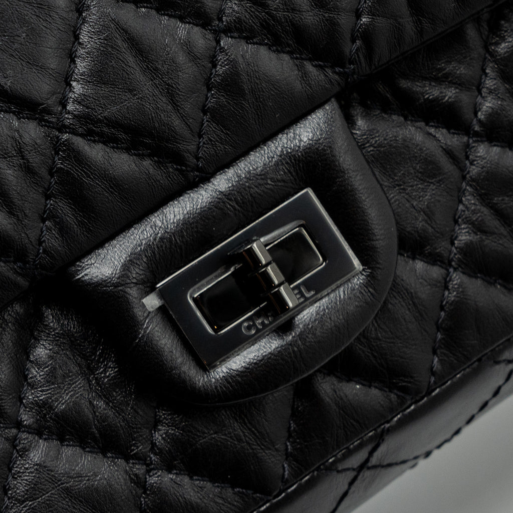CHANEL SMALL 2.55 225 REISSUE FLAP BAG AGED CALFSKIN BLACK WITH BLACK HARDWARE (MICROCHIP)
