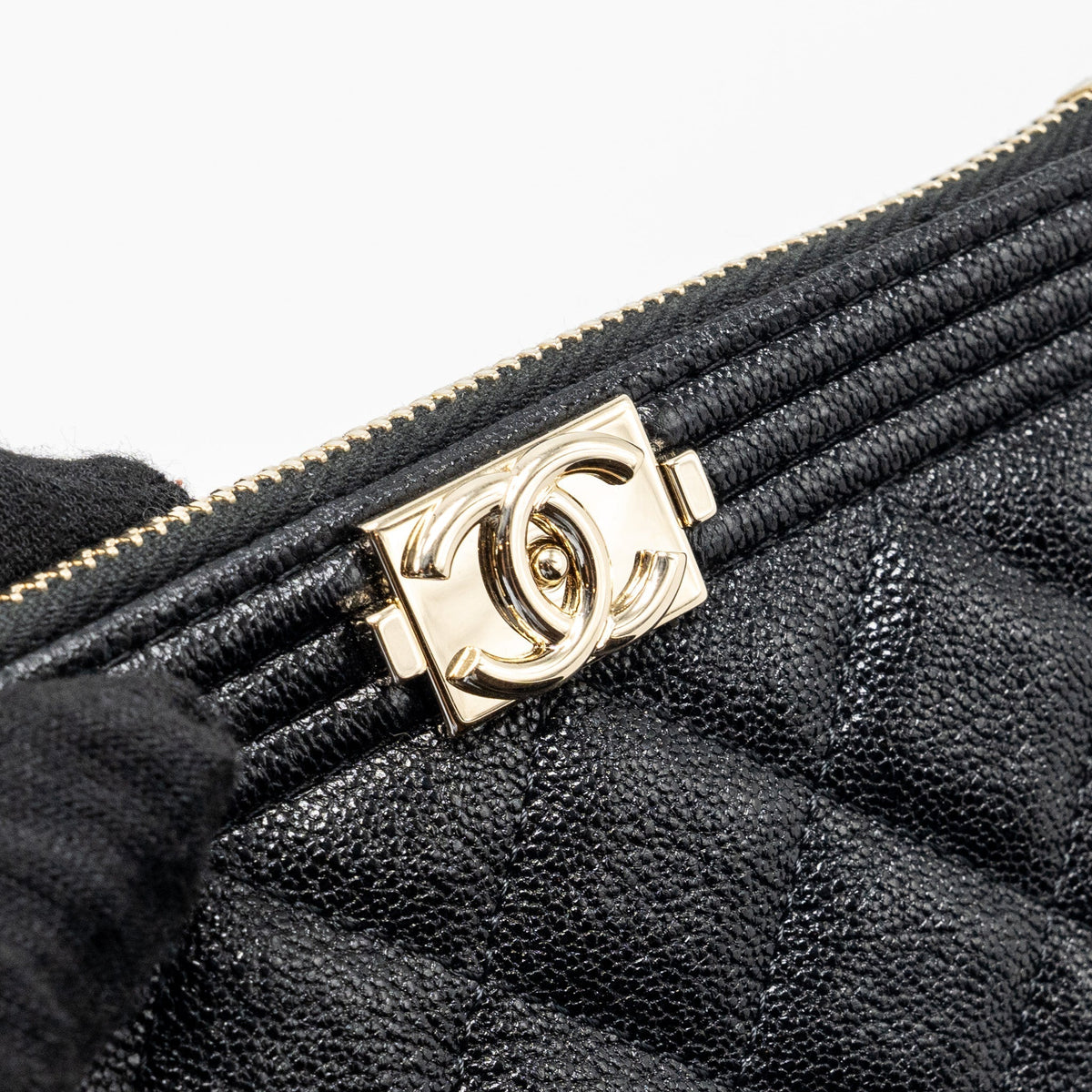 CHANEL SMALL BOY ZIP POUCH SHINY GRAINED CALFSKIN BLACK GHW
