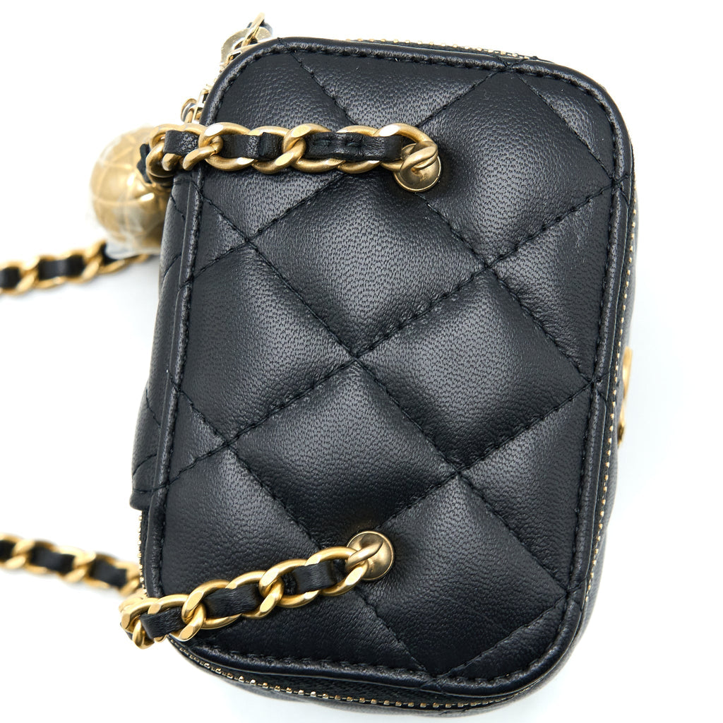 CHANEL PEARL CRUSH MINI VANITY WITH CHAIN LAMBSKIN BLACK GHW (MICROCHIP)