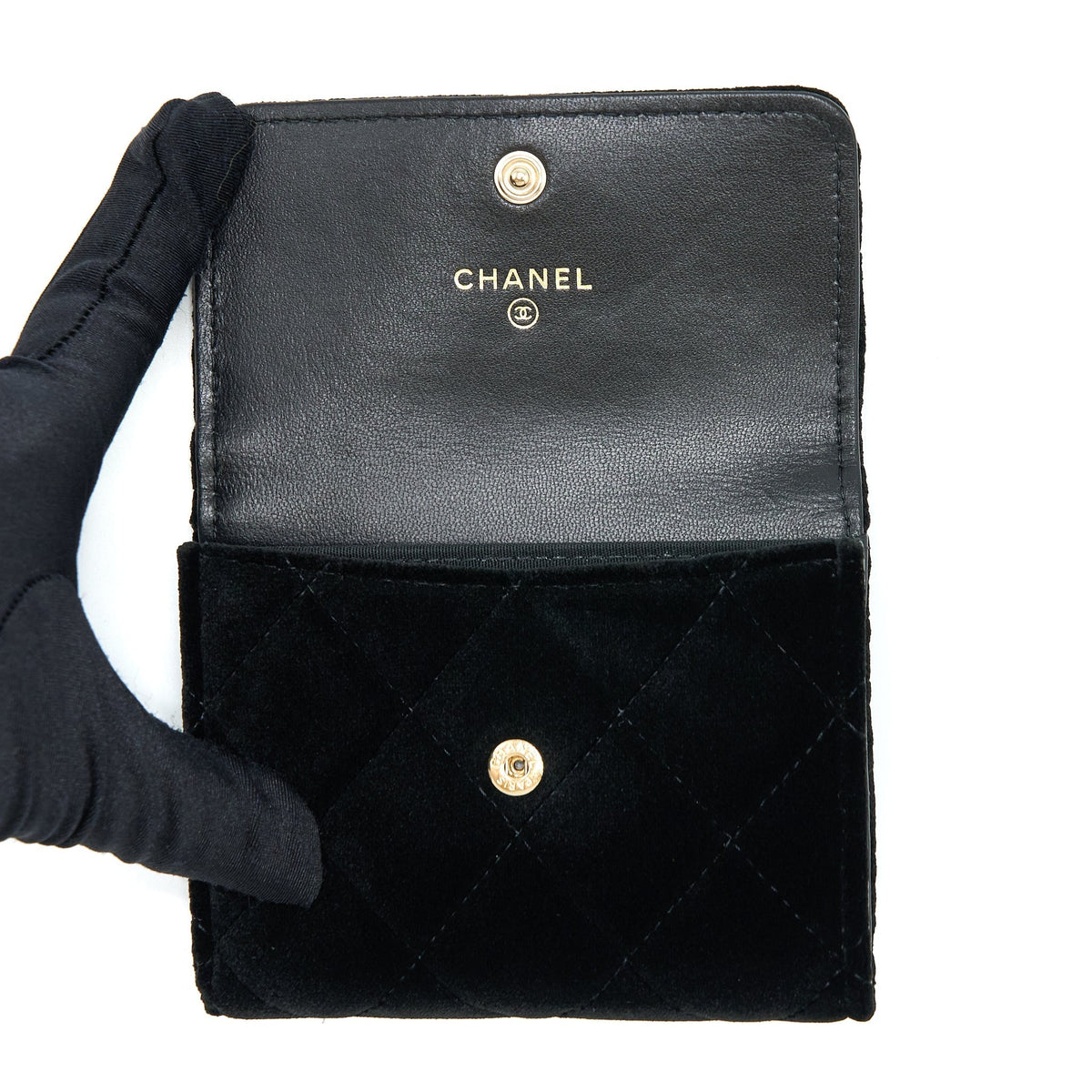 CHANEL SMALL FLAP WALLET VELVET BLACK LGHW