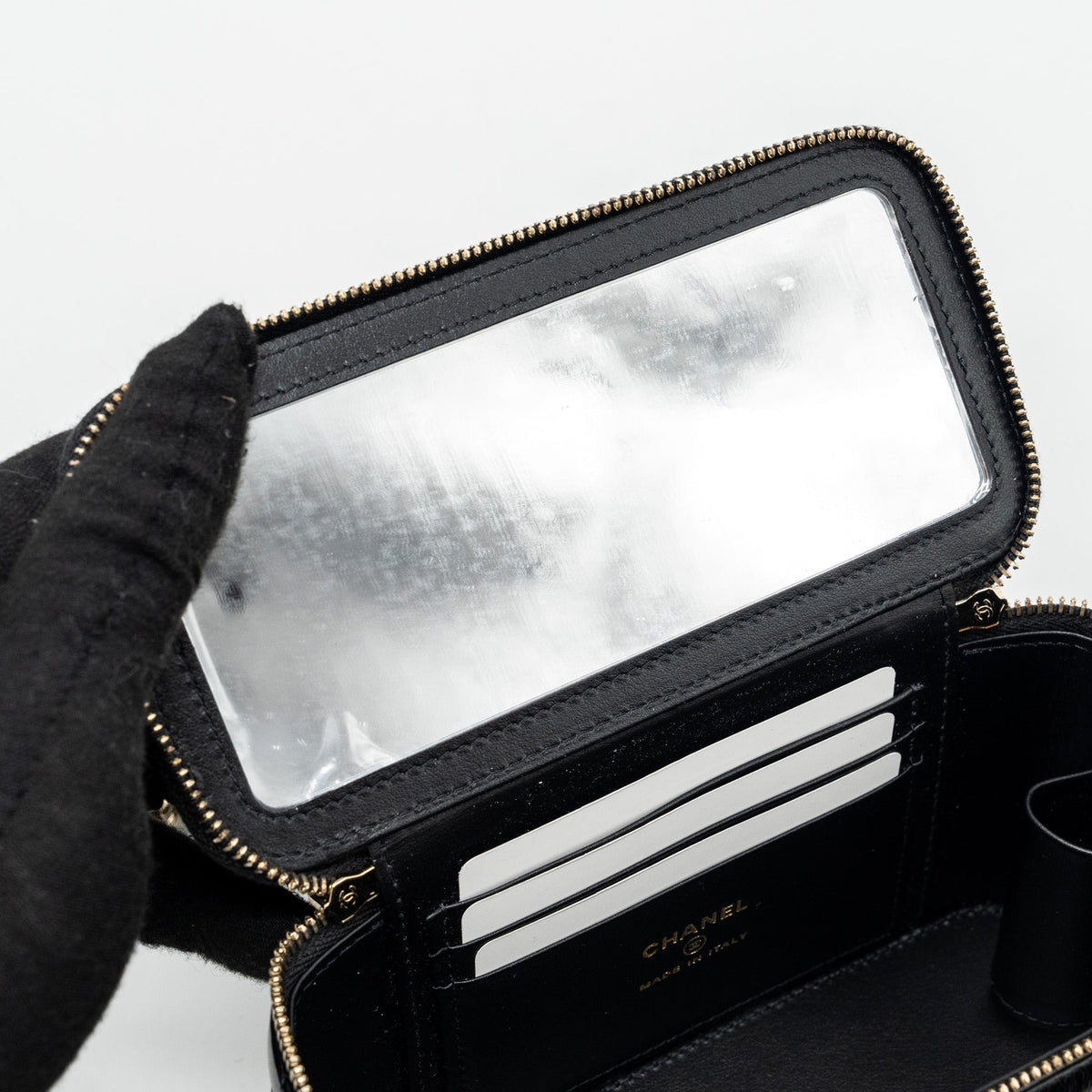 CHANEL LONG VANITY CASE WITH CHARMS CHAIN CALFSKIN BLACK LGHW (MICROCHIP)