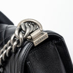 CHANEL MEDIUM BOY BAG CAVIAR BLACK RUTHENIUM SILVER HARDWARE(MICROCHIP)