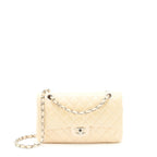 CHANEL PATENT LEATHER MEDIUM CLASSIC DOUBLE FLAP BAG BEIGE SHW