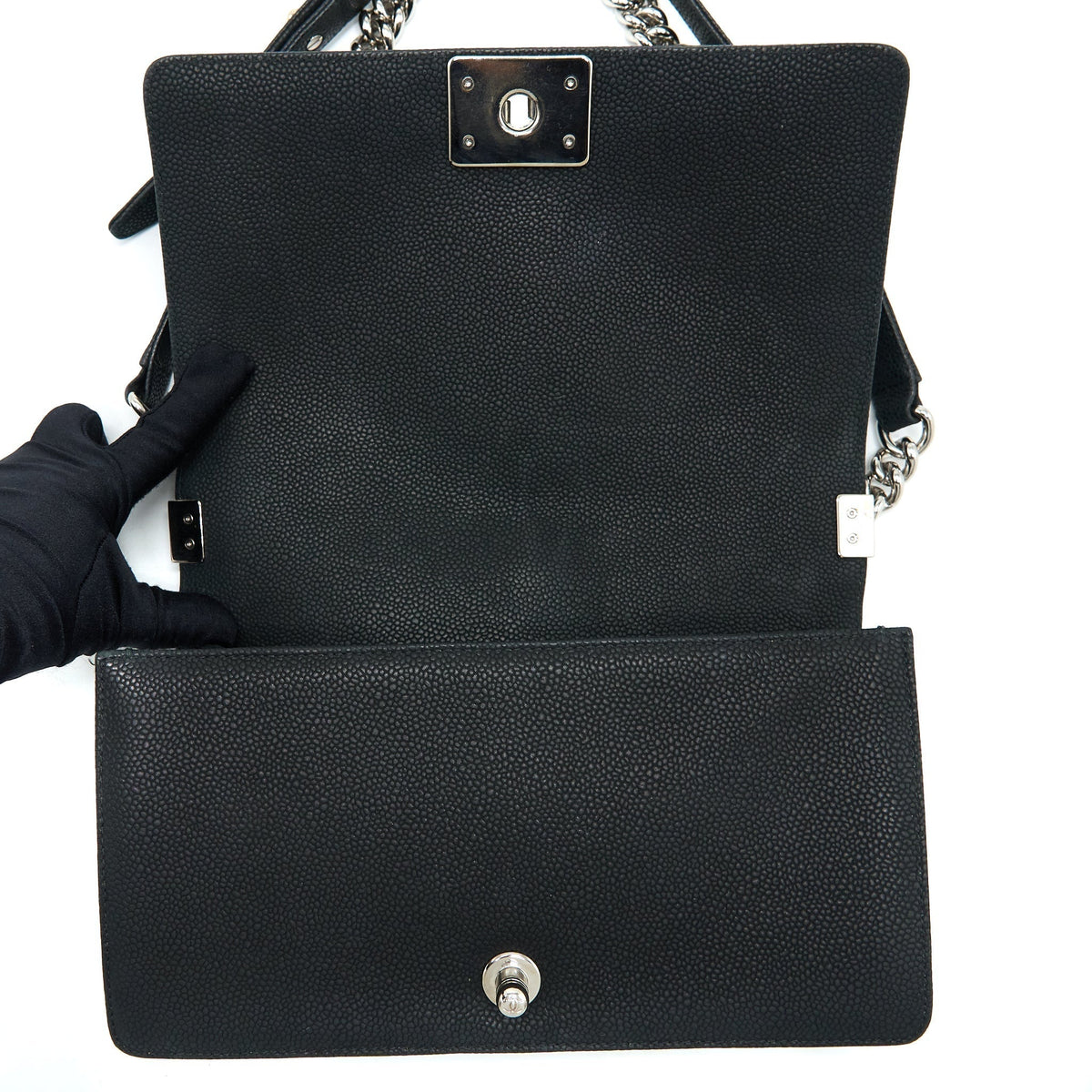 CHANEL MEDIUM BOY BAG GRAINED CALFSKIN BLACK SHW