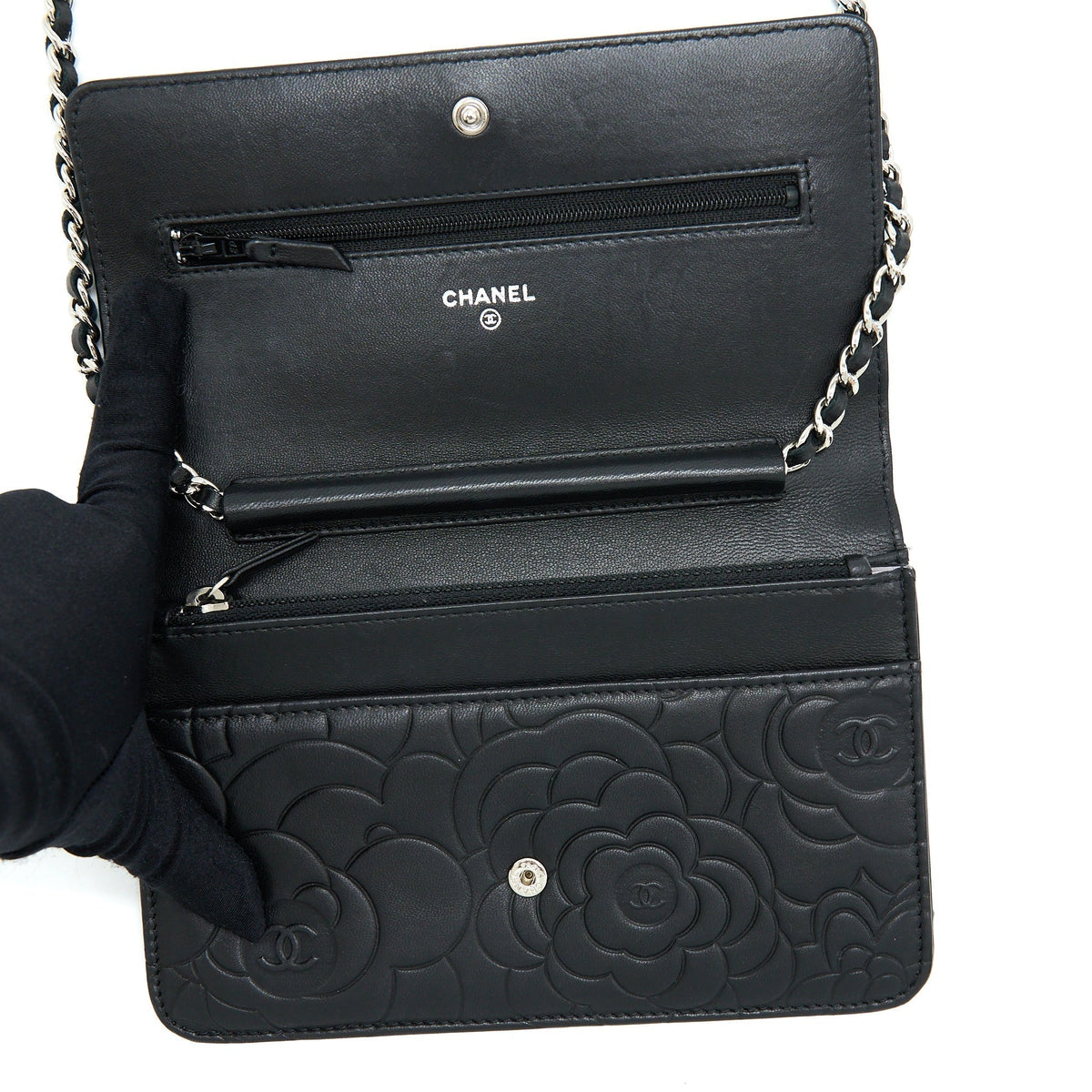 CHANEL CAMELLIA WALLET ON CHAIN LAMBSKIN BLACK SHW
