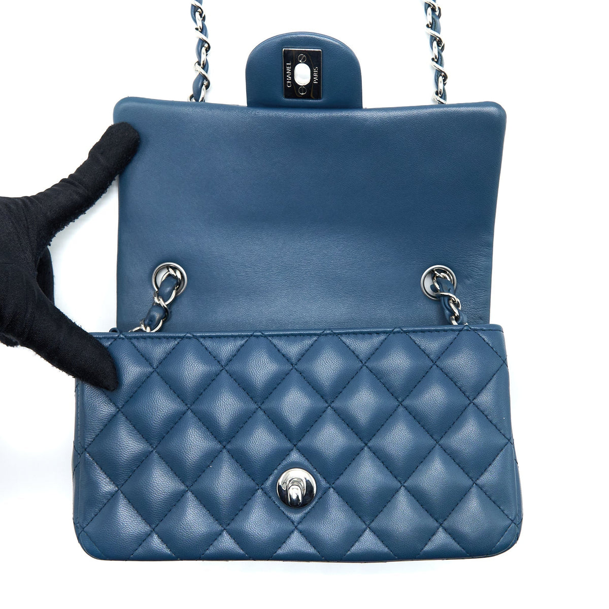 CHANEL MINI RECTANGULAR FLAP BAG LAMBSKIN BLUE SHW