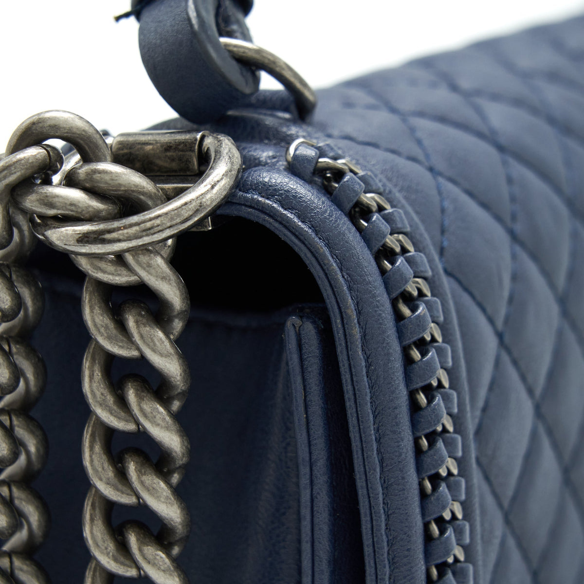 CHANEL BOY BAG WITH TOP HANDLE NAVY RUTHENIUM SLIVER HARDWARE