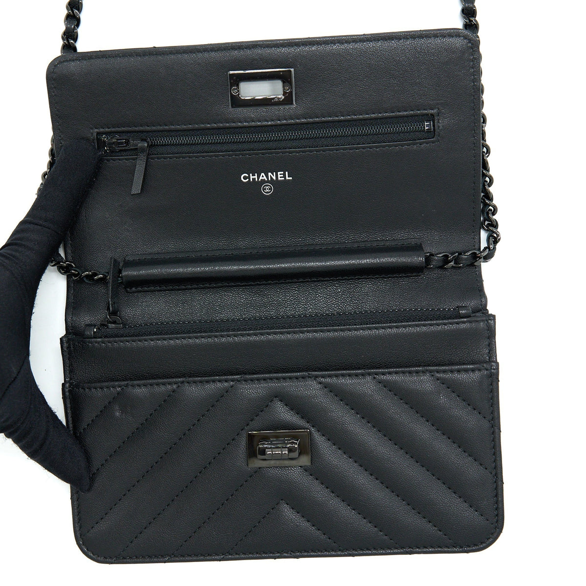 CHANEL 2.55 SO BLACK WALLET ON CHAIN CALFSKIN WITH BLACK HARDWARE