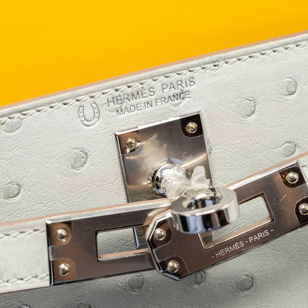 Hermes Mini Kelly II Special Order Ostrich Gris Perle/Jaune Amber SHW