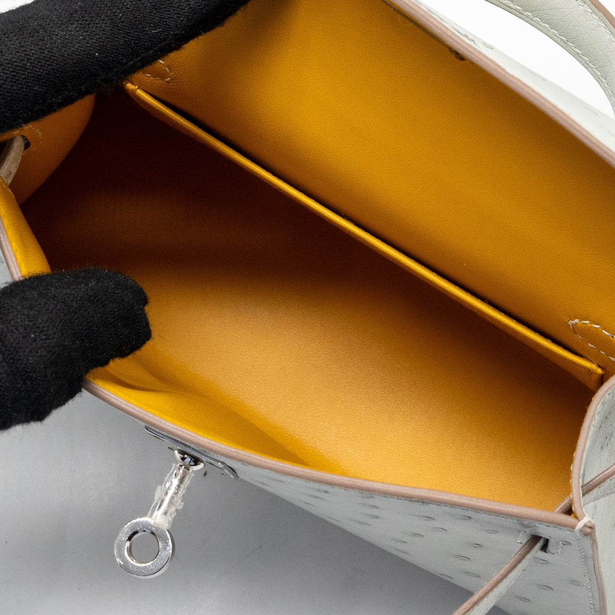 Hermes Mini Kelly II Special Order Ostrich Gris Perle/Jaune Amber SHW