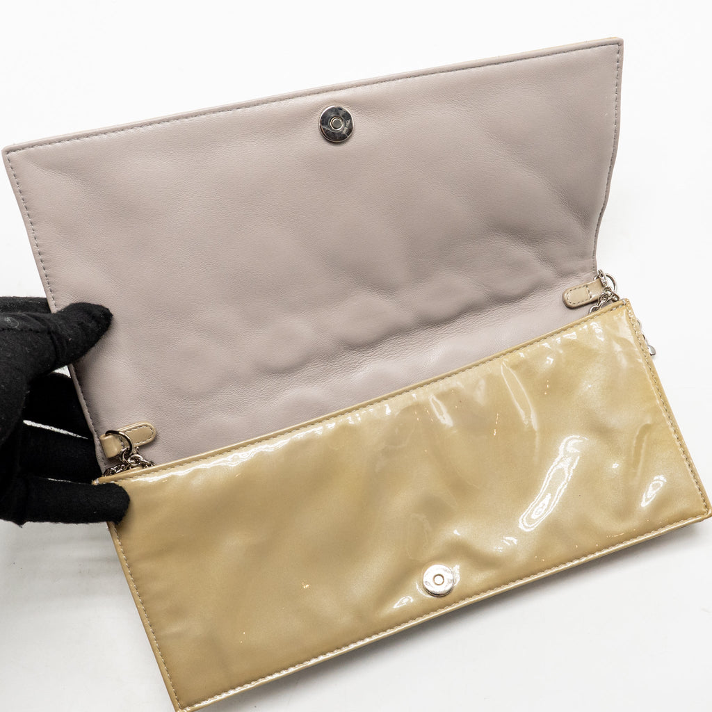 Dior Cannane Quilted Lady Dior Chain Clutch Patent Beige SHW