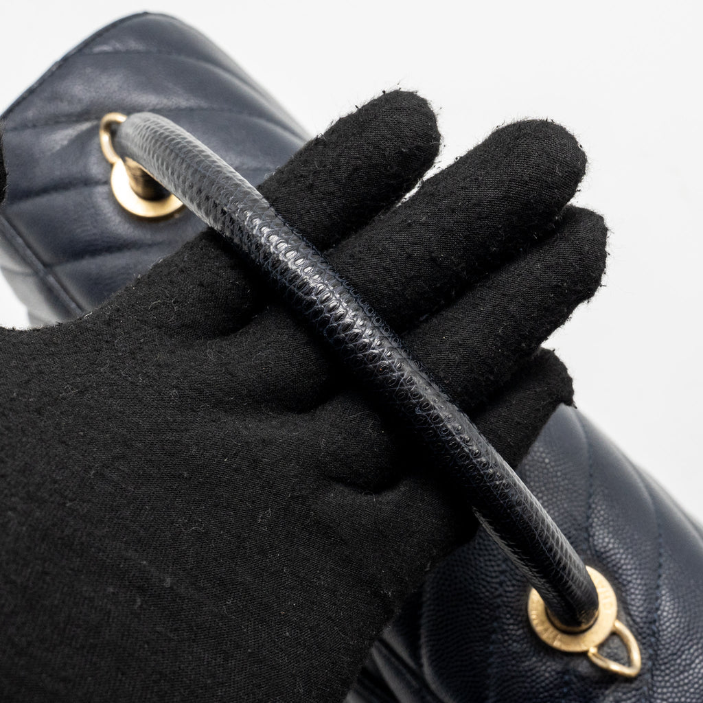 Chanel Medium Chevron Coco Handle Bag Caviar with Lizard Handle Navy GHW