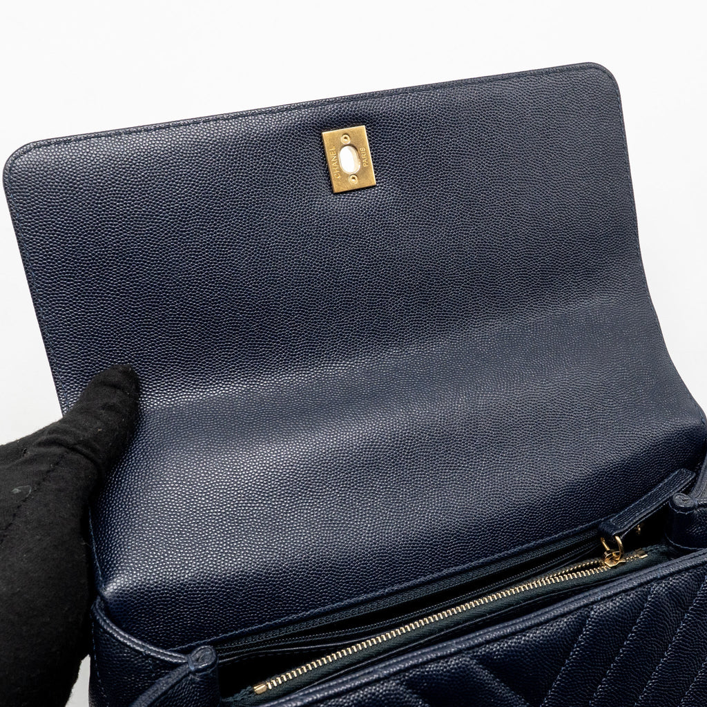 Chanel Medium Chevron Coco Handle Bag Caviar with Lizard Handle Navy GHW
