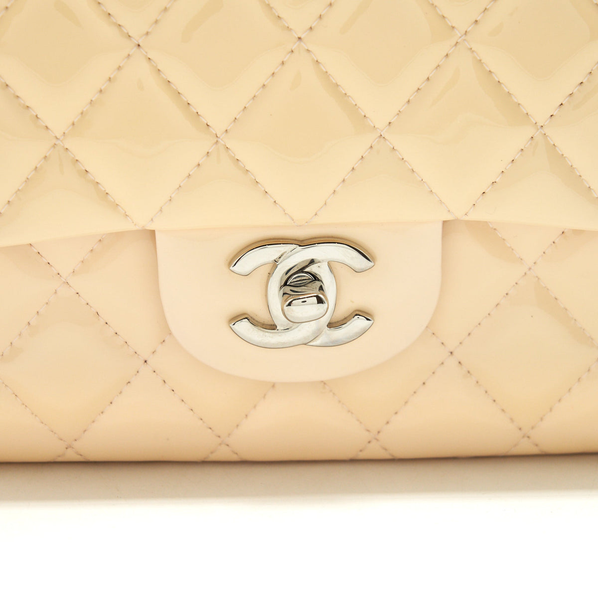 CHANEL PATENT LEATHER MEDIUM CLASSIC DOUBLE FLAP BAG BEIGE SHW