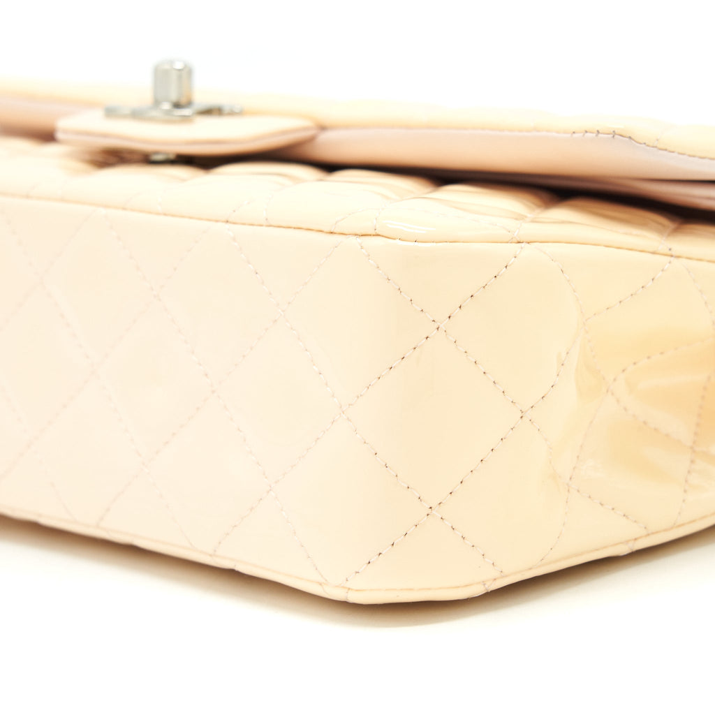 CHANEL PATENT LEATHER MEDIUM CLASSIC DOUBLE FLAP BAG BEIGE SHW