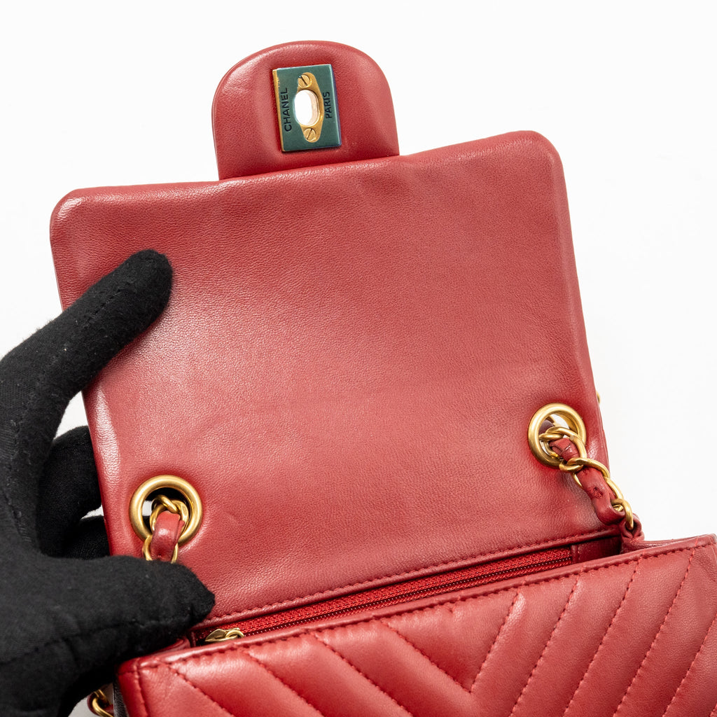 Chanel Mini Square Flap Bag Chevron Lambskin Dark Red GHW