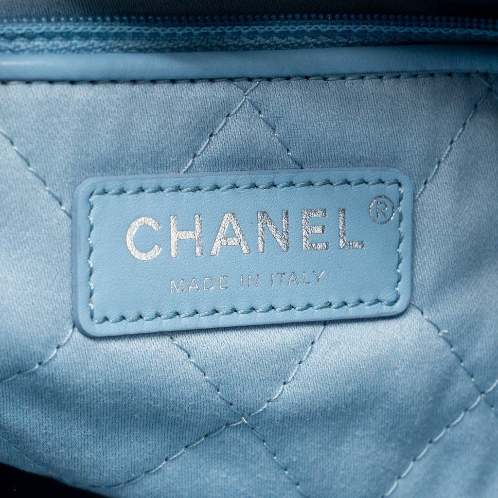 Chanel Small 22 Backpack Shiny Calfskin Sky Blue Brushed SHW (Microchip)