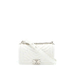 CHANEL MEDIUM BOY BAG CHEVRON LIMITED LAMBSKIN WITH PEARL WHITE SHW