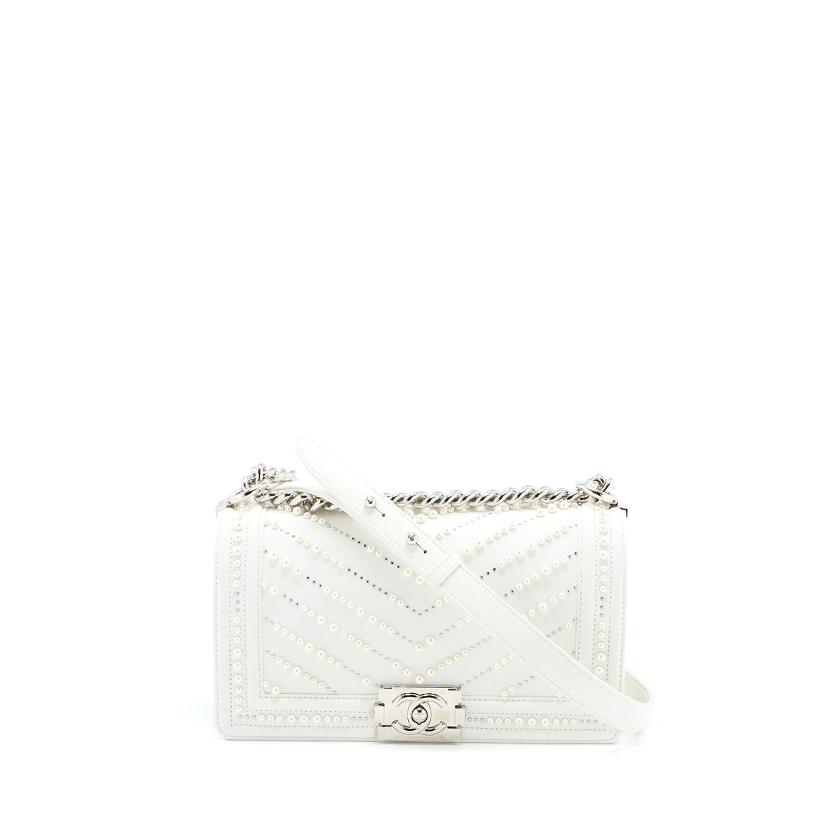 CHANEL MEDIUM BOY BAG CHEVRON LIMITED LAMBSKIN WITH PEARL WHITE SHW