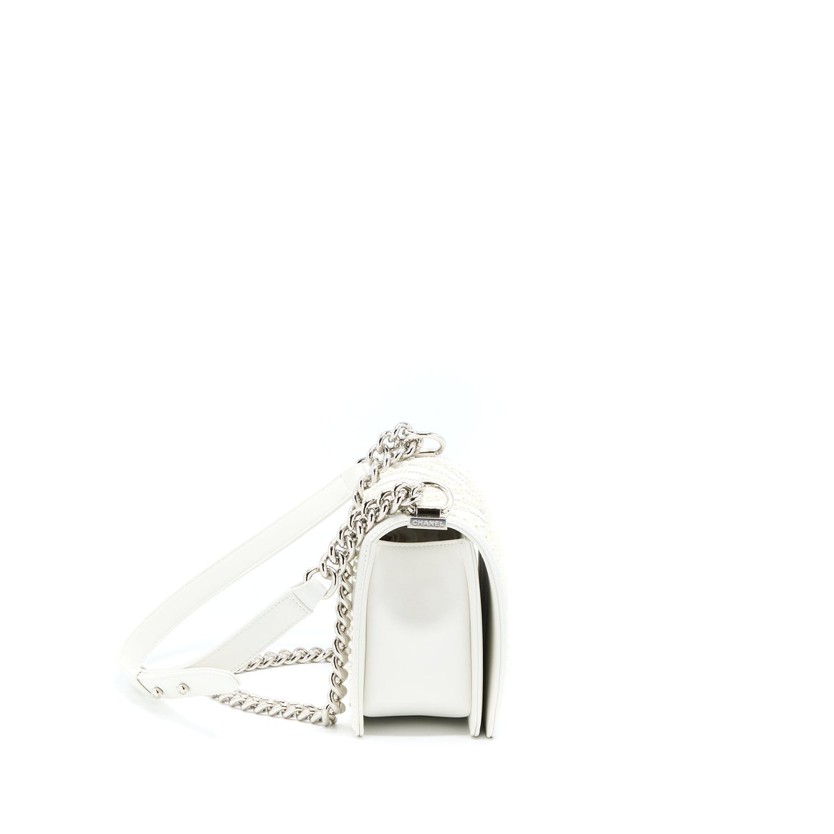 CHANEL MEDIUM BOY BAG CHEVRON LIMITED LAMBSKIN WITH PEARL WHITE SHW