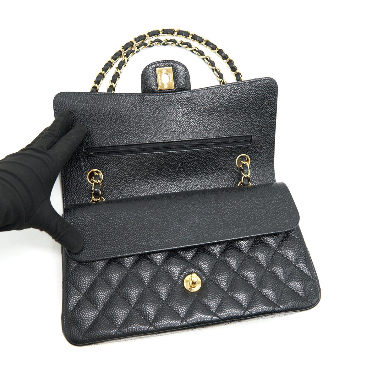 CHANEL MEDIUM CLASSIC DOUBLE FLAP BAG CAVIAR BLACK GHW SERIAL 25