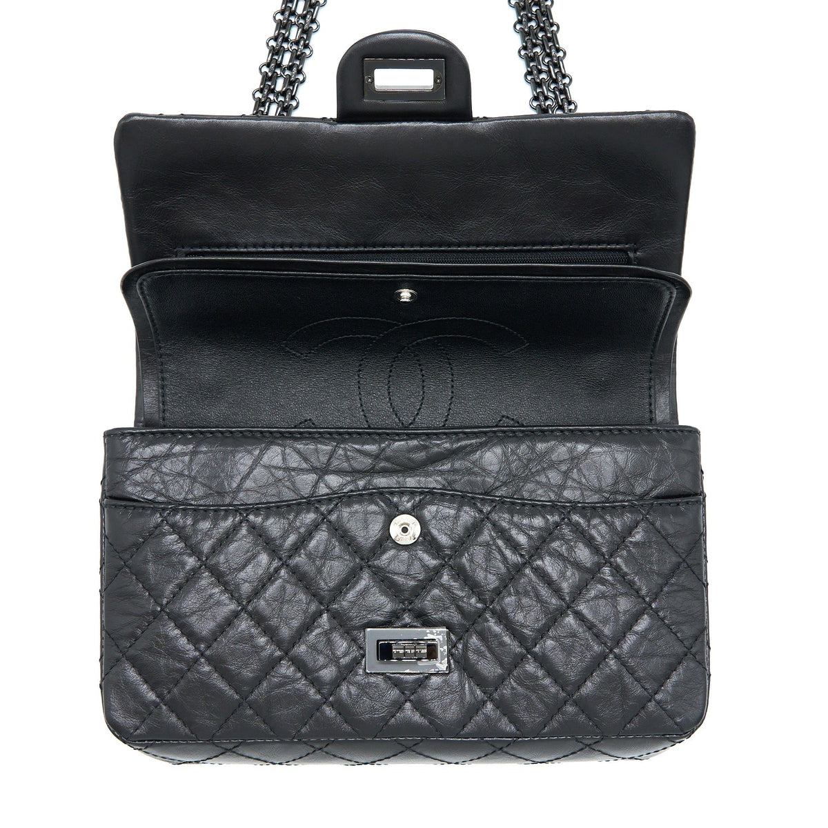 CHANEL SMALL 2.55 REISSUE FLAP BAG AGED CALFSKIN SO BLACK WITH BLACK HARDWARE (MICROCHIP)