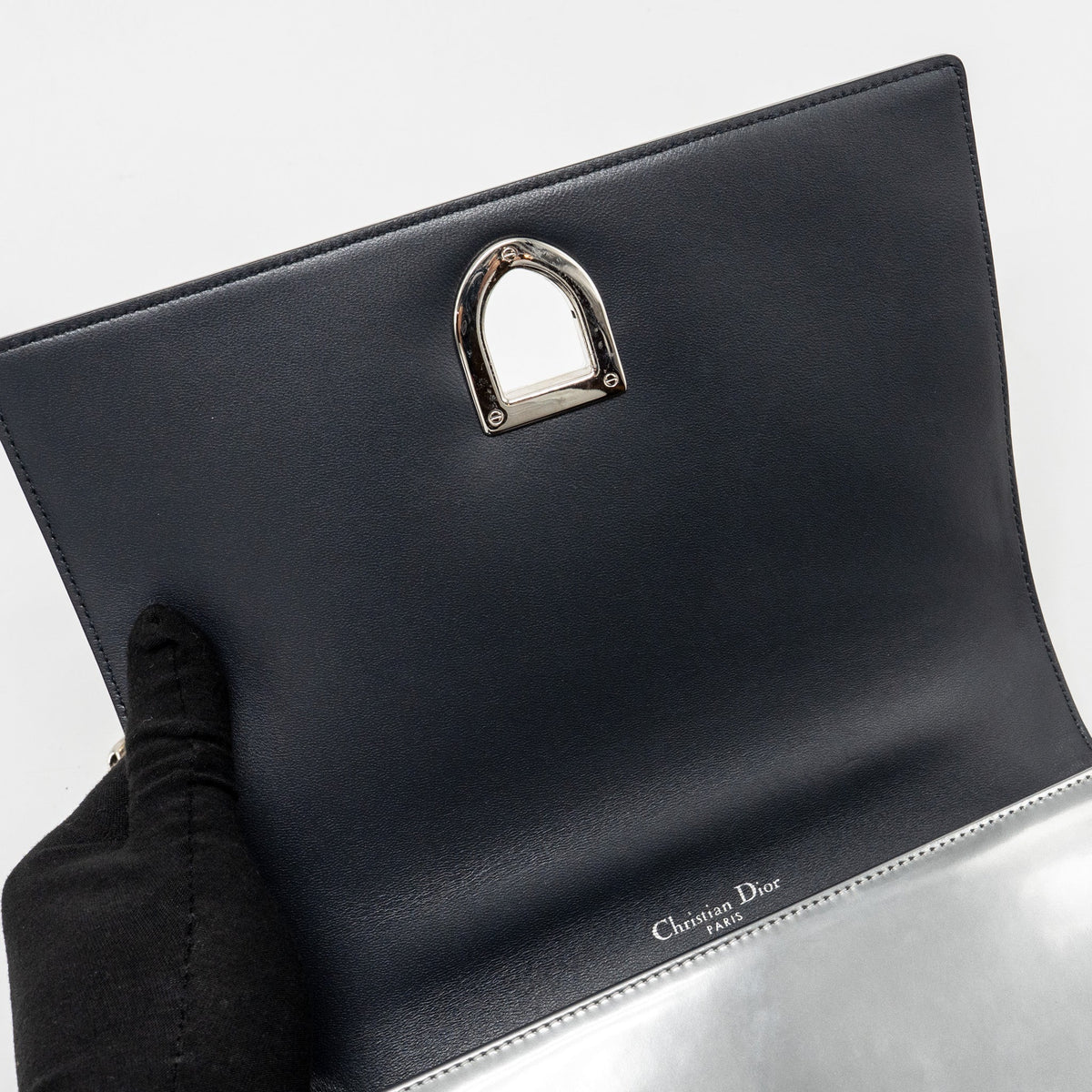 DIOR DIORAMA FLAP BAG PATENT MICRO-CANNAGE LEATHER METALLIC SILVER SHW