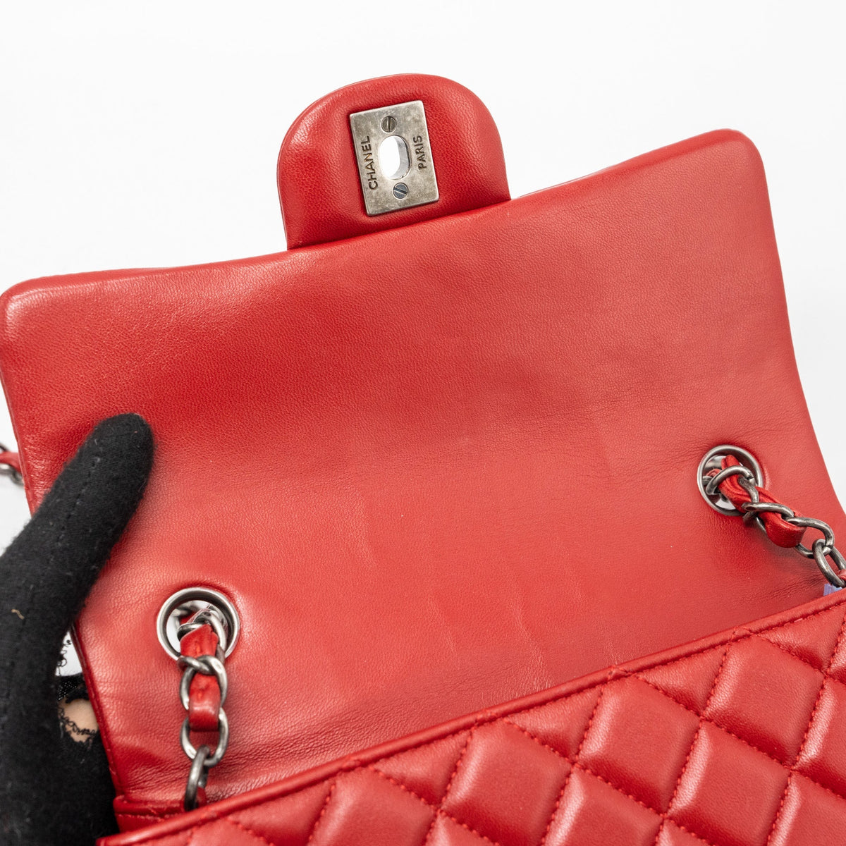 CHANEL CLASSIC MINI RECTANGULAR FLAP BAG LAMBSKIN RED RUTHENIUM HARDWARE