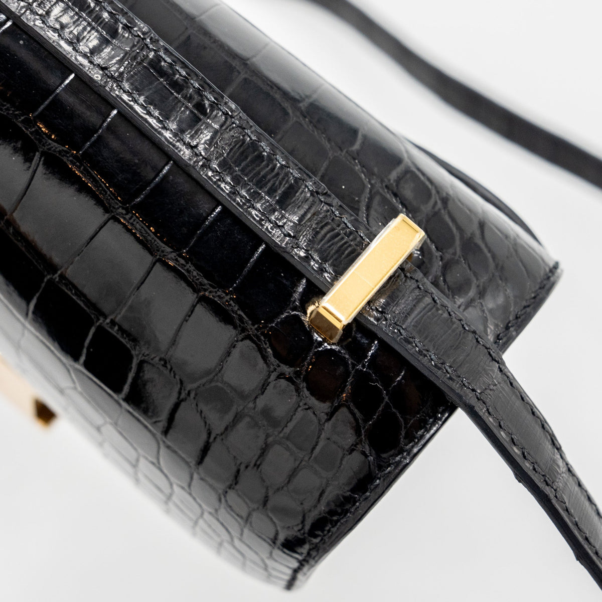 HERMES MINI CONSTANCE SHINY ALLIGATOR MISSISSIPPIENSIS BLACK GHW
