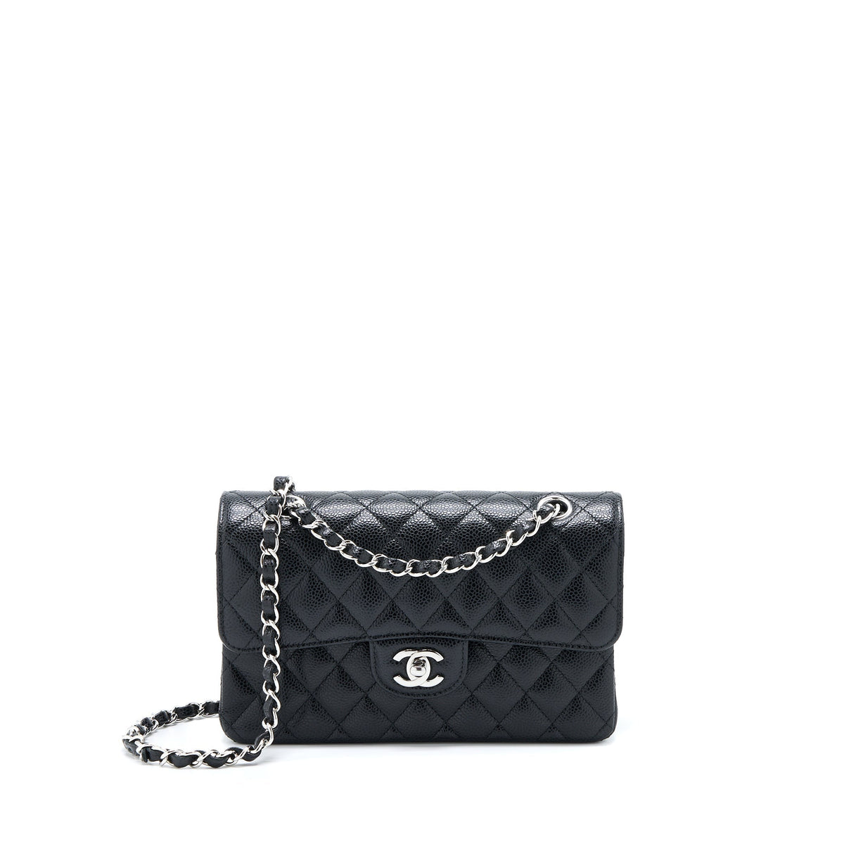 CHANEL SMALL CLASSIC DOUBLE FLAP BAG CAVIAR BLACK SHW(MICROCHIP)