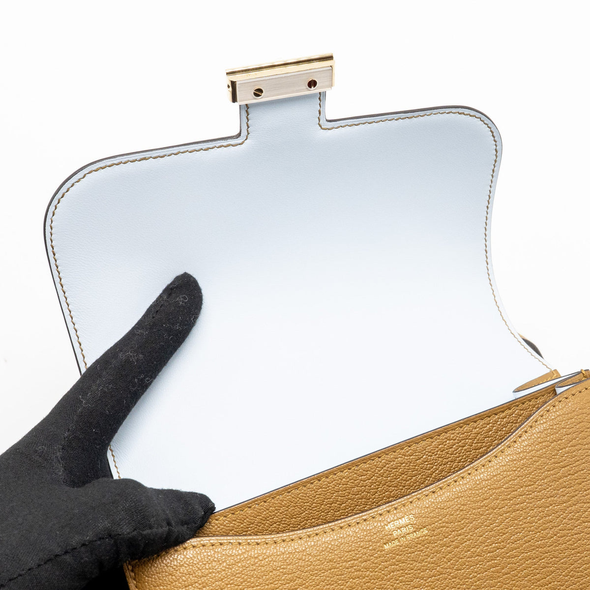 Hermes Mini Constance Chevre Mysore Kraft/Bleu Brume GHW