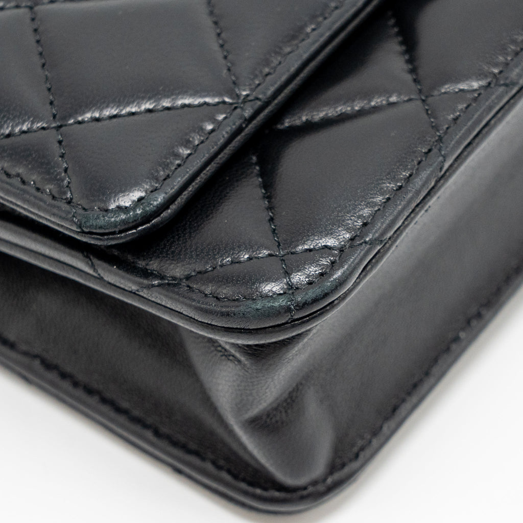 CHANEL PEARL CRUSH WALLET ON CHAIN LAMBSKIN BLACK GHW (MICROCHIP)