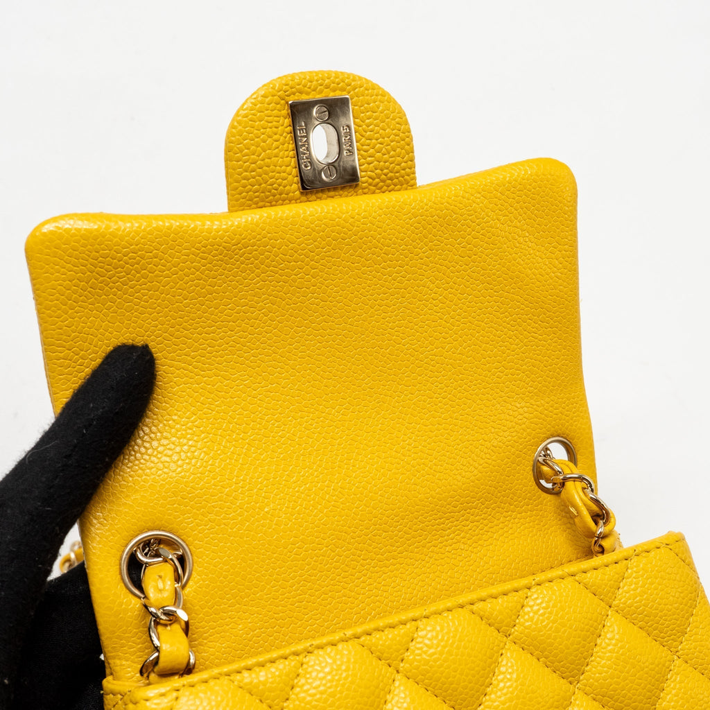 CHANEL CLASSIC MINI SQUARE FLAP BAG CAVIAR YELLOW LGHW