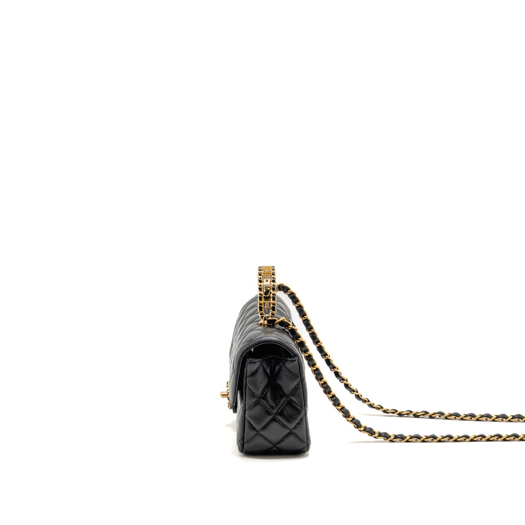 Chanel Letter Detailed Top Handle Flap Bag Lambskin Black GHW (Microchip)