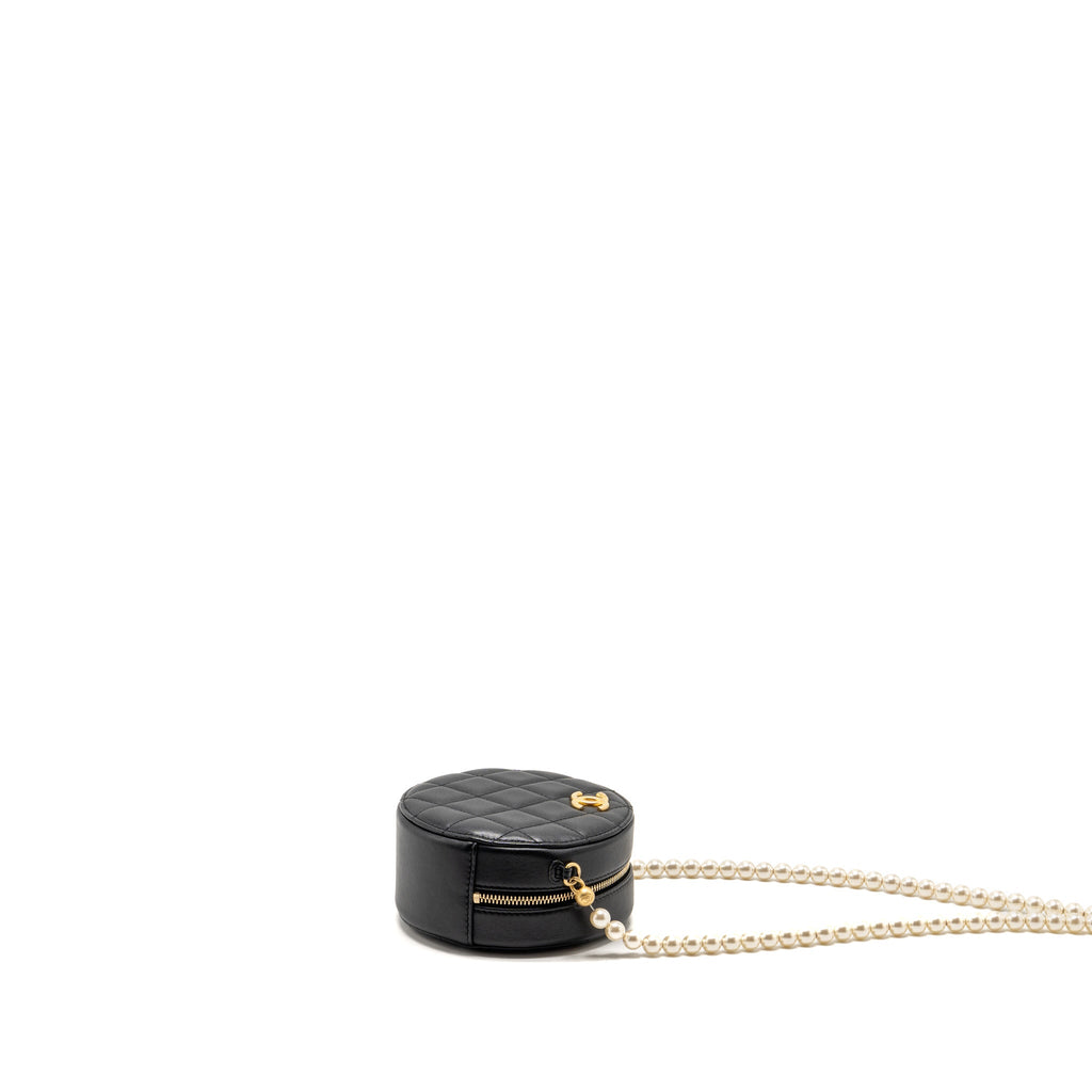 Chanel Round Clutch With Pearl Chain Lambskin Black GHW