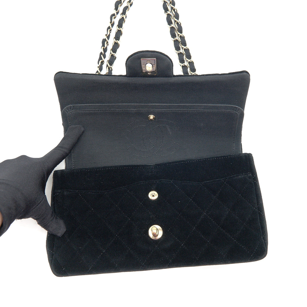 CHANEL VELVET MEDIUM CLASSIC DOUBLE FLAP BAG VELVET BLACK LGHW